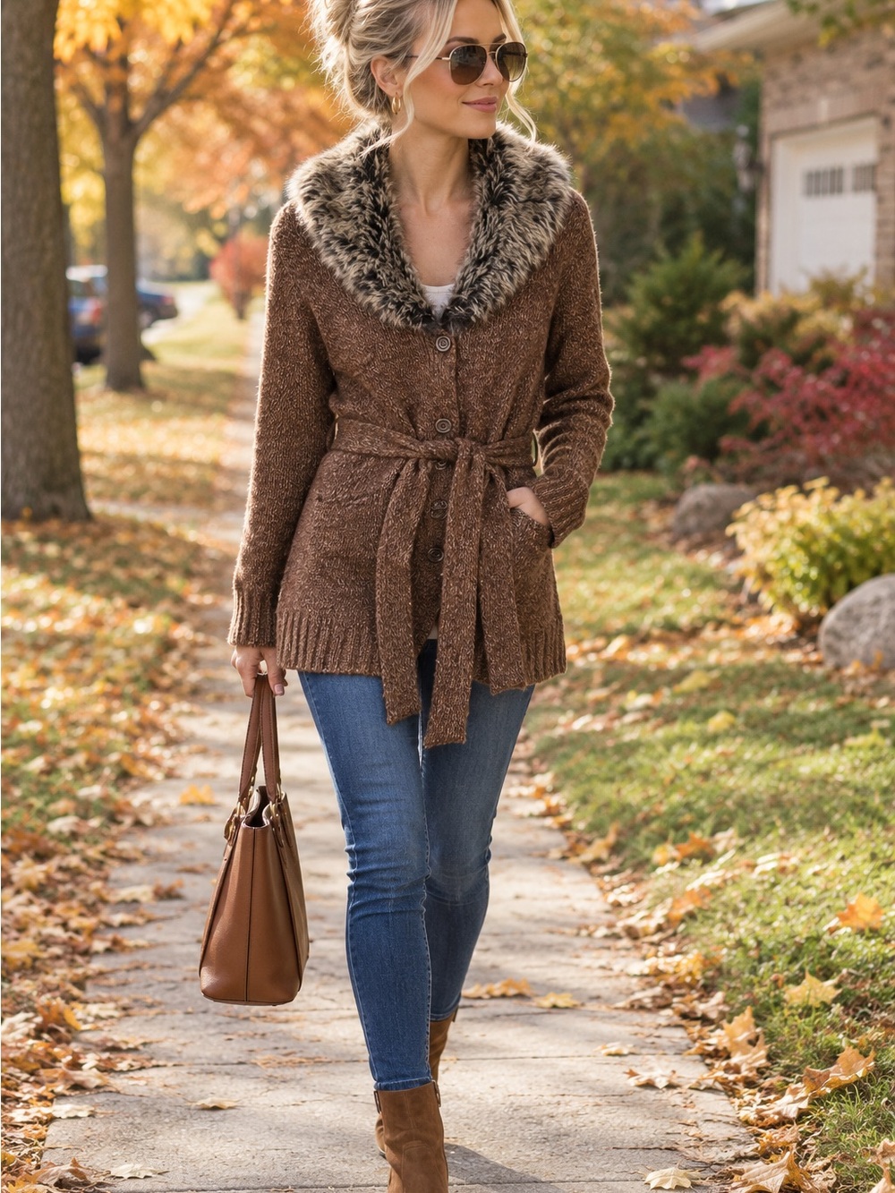 Cozy Faux-Fur Collar Brown Belted Cardigan Sweater